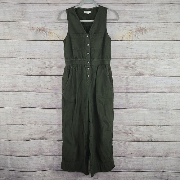Whistles Ria Denim Jumpsuit Green Cropped Wide Leg Lightweight Button Front - Picture 2 of 10